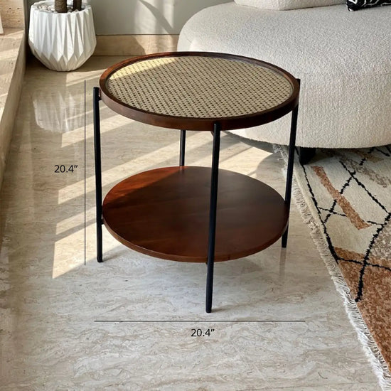 Vodrohome round side table, glass end table with open storage, black modern coffee table with sturdy metal frame for living room, balcony, bedroom C#060