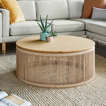 Vodrohome rattan coffee table – jute weaving center table in natural finish – bohemian solid mango wood coffee table for office and living room C#064