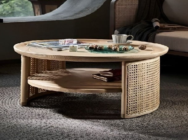 Vodrohome Rattan Coffee Table – cane center table with shelf for storage – bohemian solid mango wood coffee table for office and living room C#081