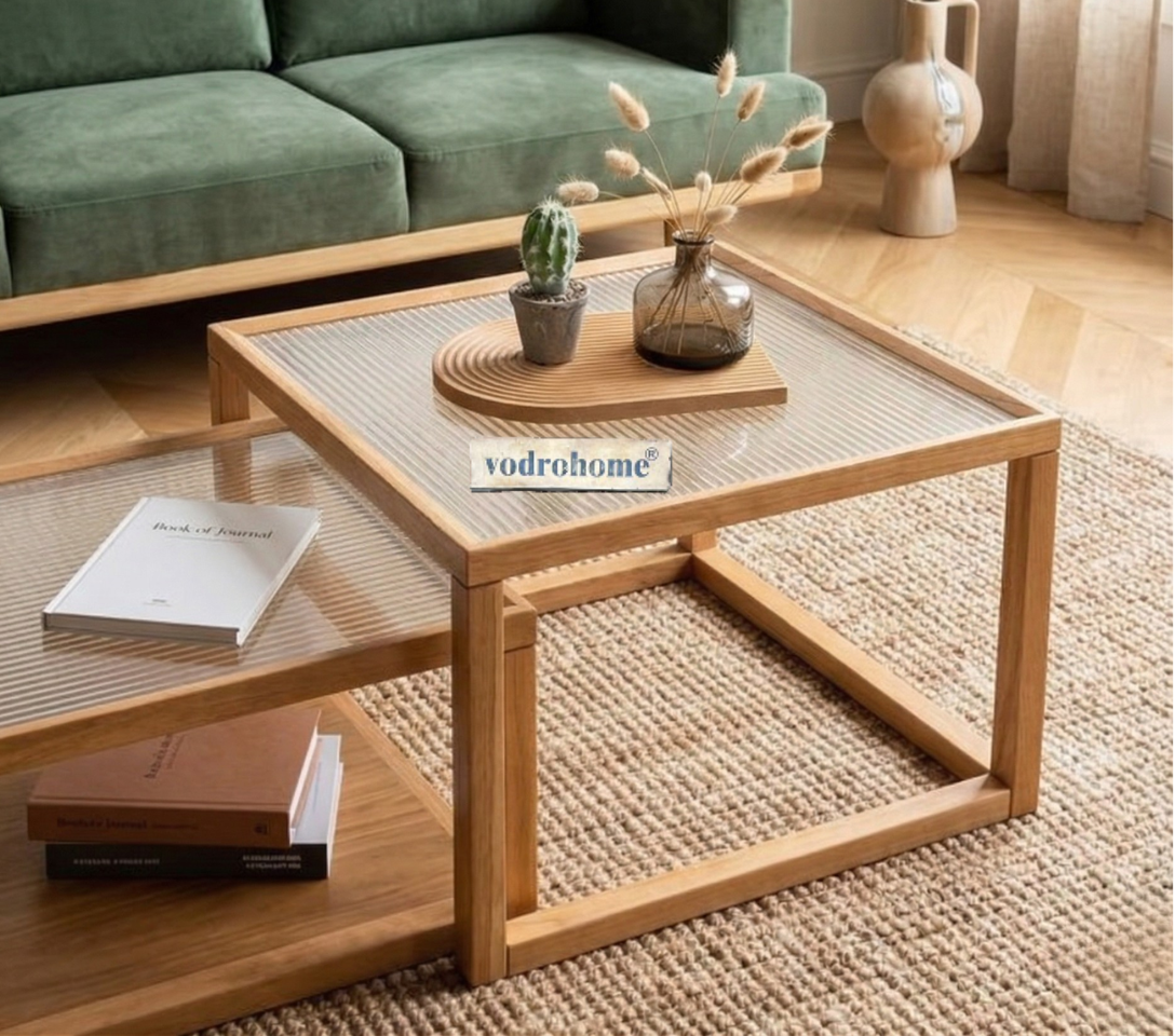 vodrohome honey center table with fluted glass top – solid wood nesting table - set of two coffee table – wood and cane nesting table S#079
