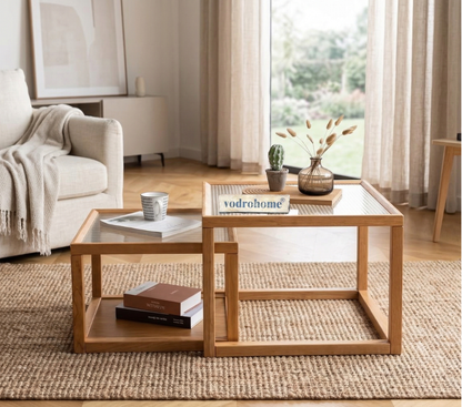 vodrohome honey center table with fluted glass top – solid wood nesting table - set of two coffee table – wood and cane nesting table S#079