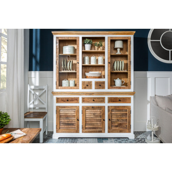 Vodrohome white wave mango wood crockery cabinet | large hutch cabinet | kitchen storage furniture in dual tone –two part display unit 150x45x180 CM DU#001 - vodrohome