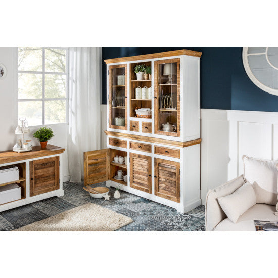 Vodrohome white wave mango wood crockery cabinet | large hutch cabinet | kitchen storage furniture in dual tone –two part display unit 150x45x180 CM DU#001 - vodrohome