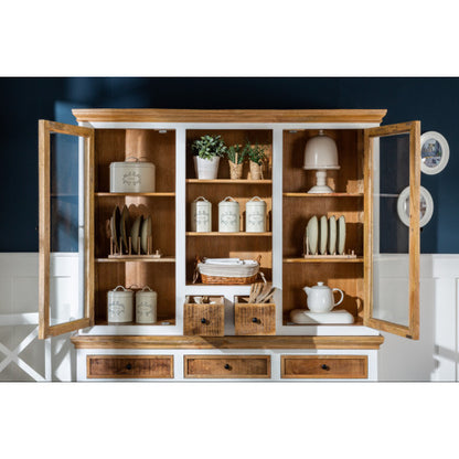 Vodrohome white wave mango wood crockery cabinet | large hutch cabinet | kitchen storage furniture in dual tone –two part display unit 150x45x180 CM DU#001 - vodrohome