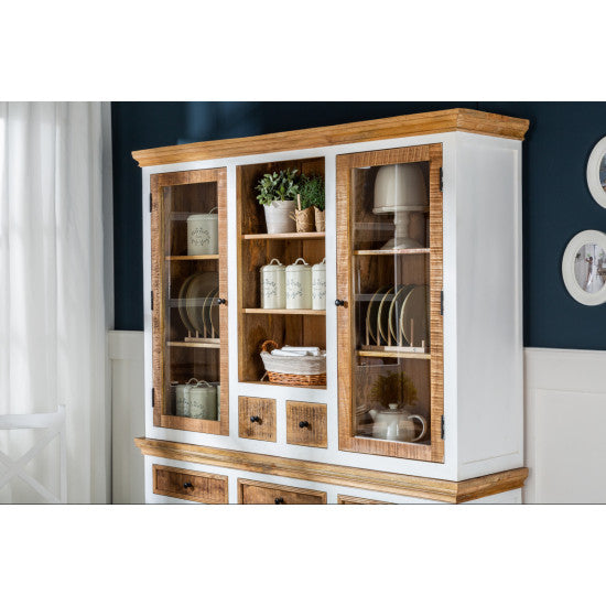 Vodrohome white wave mango wood crockery cabinet | large hutch cabinet | kitchen storage furniture in dual tone –two part display unit 150x45x180 CM DU#001 - vodrohome