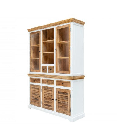 Vodrohome white wave mango wood crockery cabinet | large hutch cabinet | kitchen storage furniture in dual tone –two part display unit 150x45x180 CM DU#001 - vodrohome