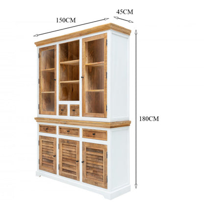 Vodrohome white wave mango wood crockery cabinet | large hutch cabinet | kitchen storage furniture in dual tone –two part display unit 150x45x180 CM DU#001 - vodrohome