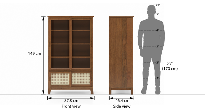 Vodrohome solid wood crockery cabinet | sliding door book shelf capacity 75 books | kitchen display unit walnut finish 88x46x149 CM Di#002 - vodrohome