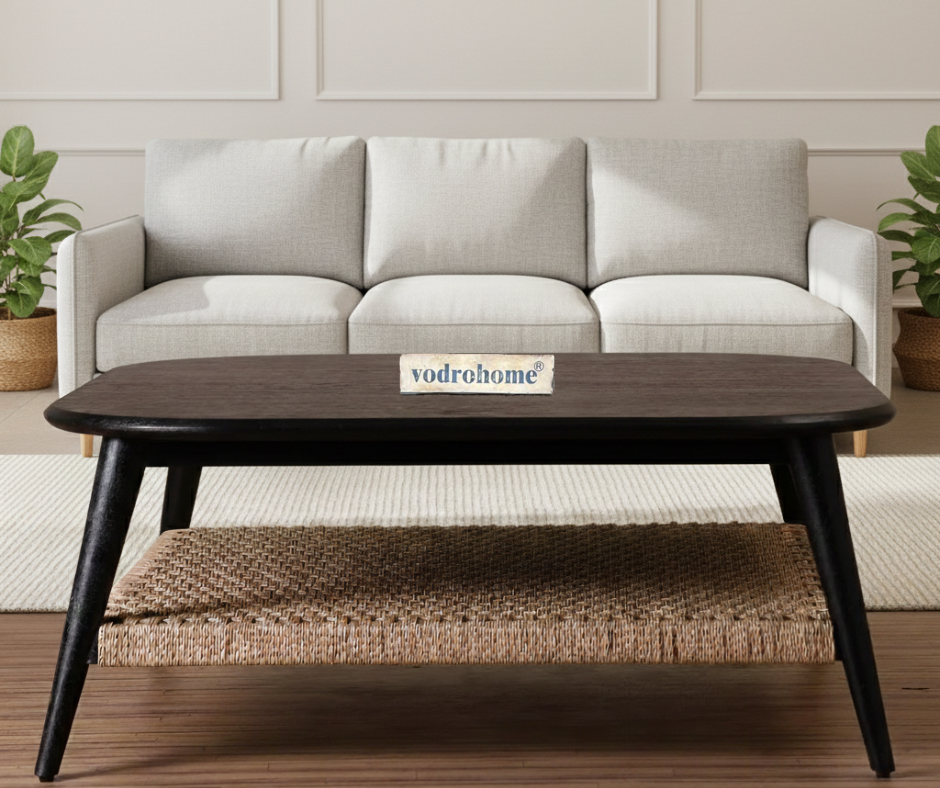 vodrohome guthai coffee table – bohemian center table with jute hand weaving shelf -  mango wood gujrati sofa set table teapoy C#039