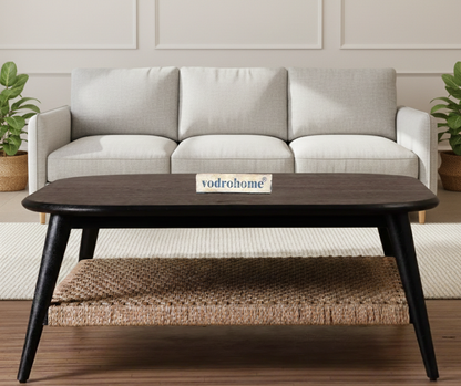 vodrohome guthai coffee table – bohemian center table with jute hand weaving shelf -  mango wood gujrati sofa set table teapoy C#039
