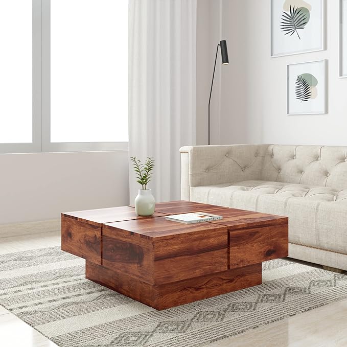 Vodrohome Sheesham Wood Square Coffee Table for Living Room Teak Finish – Pedestal Tea table Hall Teapoy Sofa Matching Centre Table Stylish C#008 - vodrohome