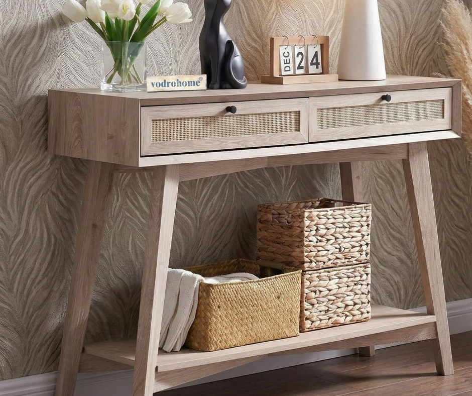 vodrohome  2 Drawer cane consol table with open shelf for hallway - rattan console tables for entryway CO#005