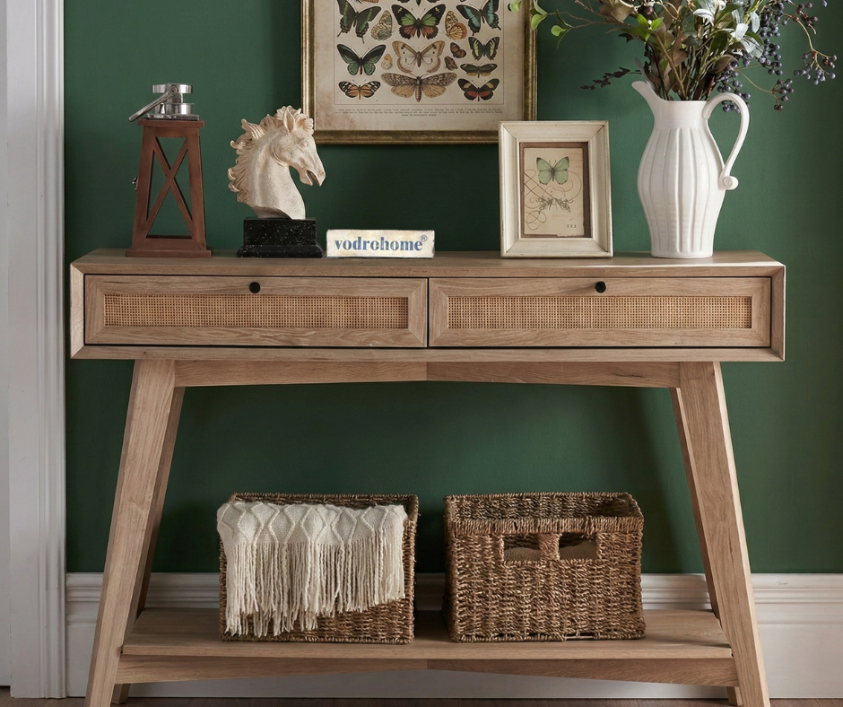 vodrohome  2 Drawer cane consol table with open shelf for hallway - rattan console tables for entryway CO#005