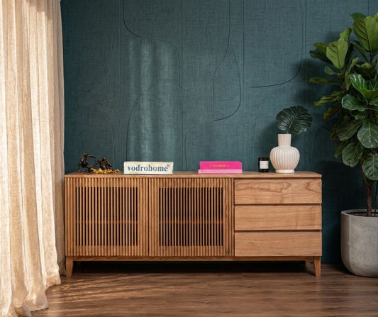 vodrohome Solid Accacia wood consol table – side board with three drawers and 2 compartments with slatted doors  180x40x70 cm  SB#001