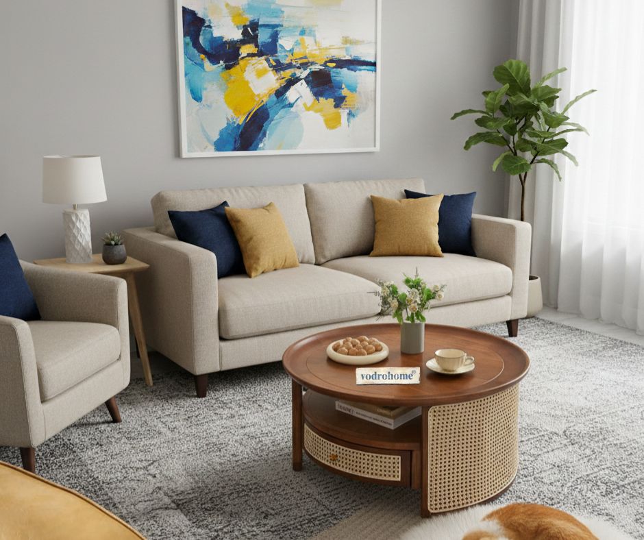 vodrohome rattan coffee table with drawer – cane center table with shelf for storage – bohemian solid mango wood coffee table for office and living room C#054 Variation