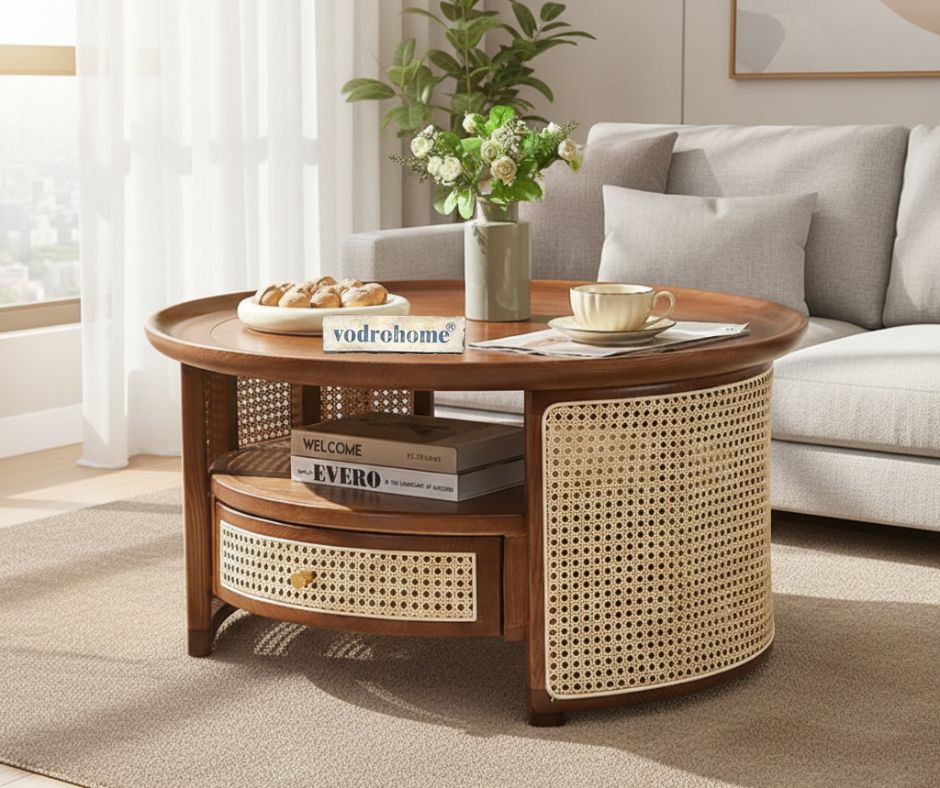 vodrohome rattan coffee table with drawer – cane center table with shelf for storage – bohemian solid mango wood coffee table for office and living room C#054 Variation