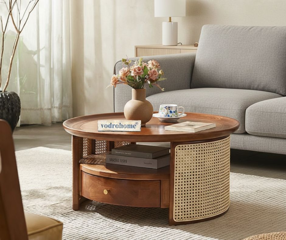 vodrohome rattan coffee table with drawer – cane center table with shelf for storage – bohemian solid mango wood coffee table for office and living room C#054 Variation
