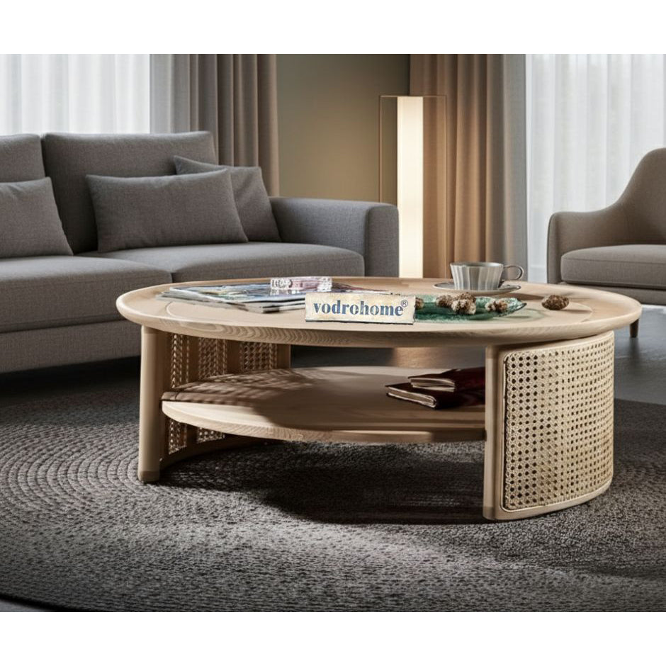 vodrohome Rattan Coffee Table – cane center table with shelf for storage – bohemian solid mango wood coffee table for office and living room C#081