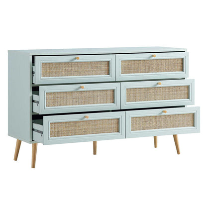 Vodrohome solid wood side board with six drawers – sage green chest of drawer with 6 drawers - Woven Rattan 6 Drawer Dresser with soft closer SB#006 - vodrohome