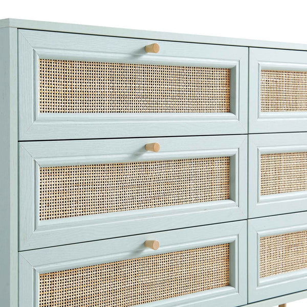 Vodrohome solid wood side board with six drawers – sage green chest of drawer with 6 drawers - Woven Rattan 6 Drawer Dresser with soft closer SB#006 - vodrohome