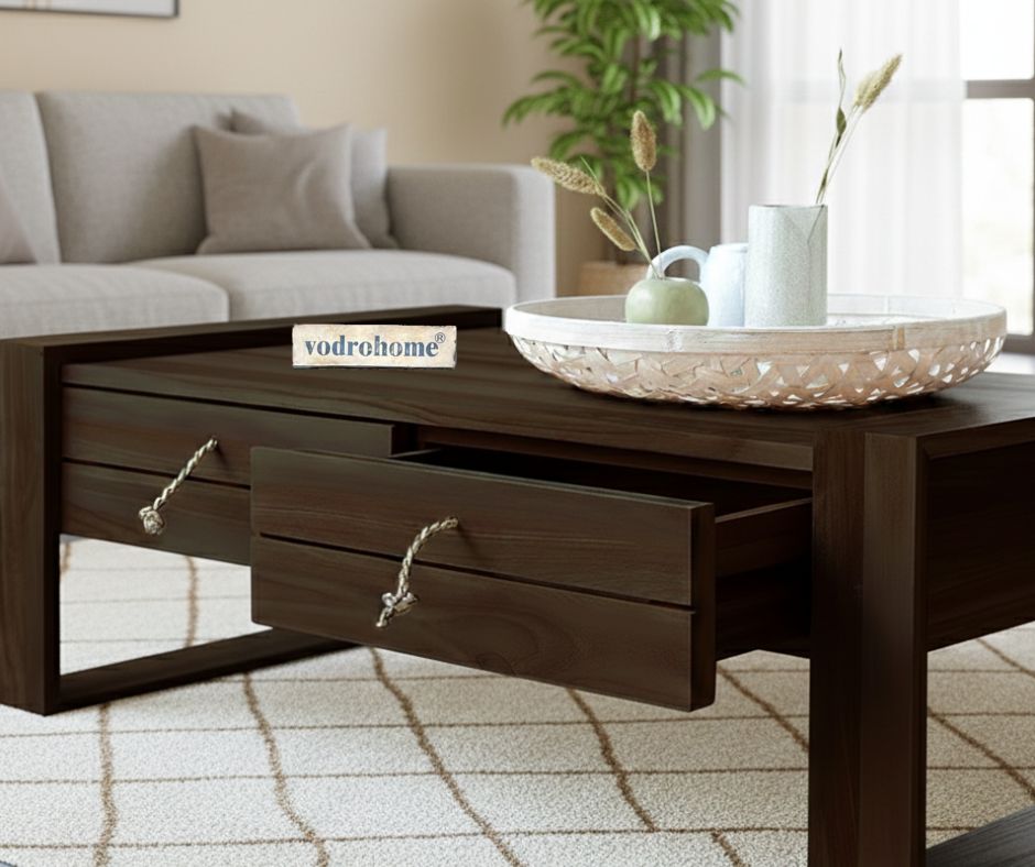 vodrohome modern design center table with two drawers for storage – solid mango wood coffee table for office and living room - sofa set table C#019