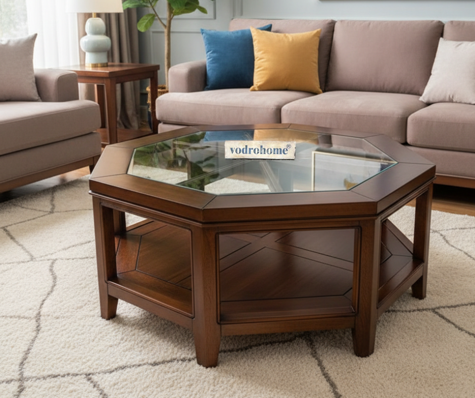 vodrohome tea table for living room – mango wood coffee table with storage shelf – center table - sofa set table furniture octagonal tea table coffee table with glass C#050