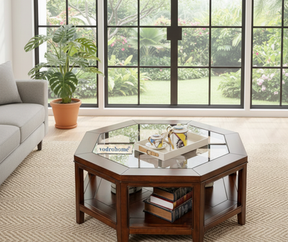 vodrohome tea table for living room – mango wood coffee table with storage shelf – center table - sofa set table furniture octagonal tea table coffee table with glass C#050
