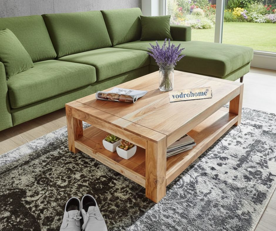 vodrohome Acacia Wood Coffee Table With Shelf For Living Room Natural Finish – Conference Table For Office Room C#011