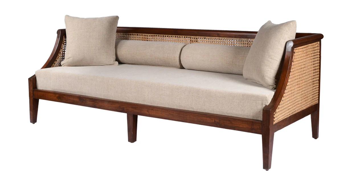 Vodrohome three seater rattan cane sofa with wooden frame teak finish| fabric lounge sofa | cotton linen sofa SO#006