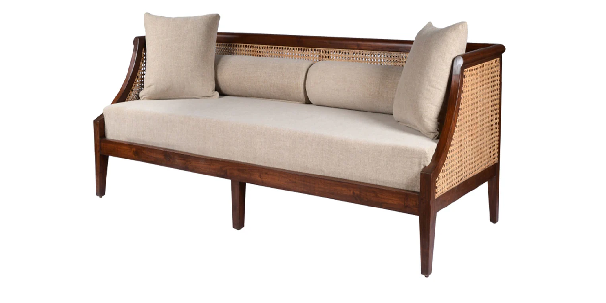 Vodrohome three seater rattan cane sofa with wooden frame teak finish| fabric lounge sofa | cotton linen sofa SO#006