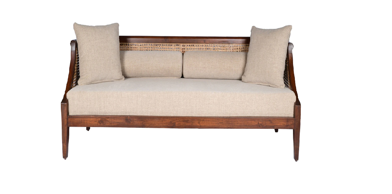 Vodrohome three seater rattan cane sofa with wooden frame teak finish| fabric lounge sofa | cotton linen sofa SO#006