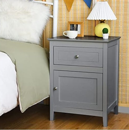 Vodrohome Acacia wood bedside table with 1 drawer and an compartment with door, solid wood night stand in gray finish 48x38x63 cm  S#013 - vodrohome