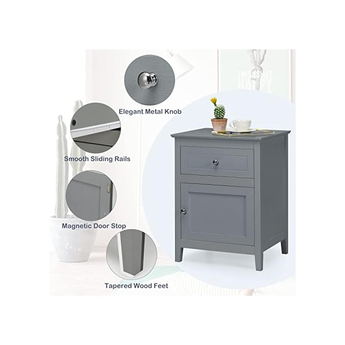 Vodrohome Acacia wood bedside table with 1 drawer and an compartment with door, solid wood night stand in gray finish 48x38x63 cm  S#013 - vodrohome