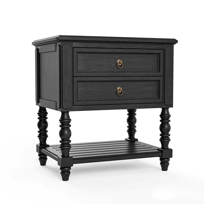 Vodrohome solid sheesham wood nightstand table with two drawers and a shelf - olympus bedside table in matt black 65x48x70 Cm  S#015 - vodrohome