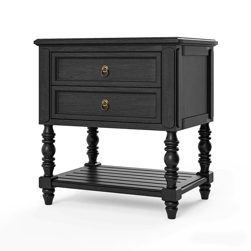 Vodrohome solid sheesham wood nightstand table with two drawers and a shelf - olympus bedside table in matt black 65x48x70 Cm  S#015 - vodrohome