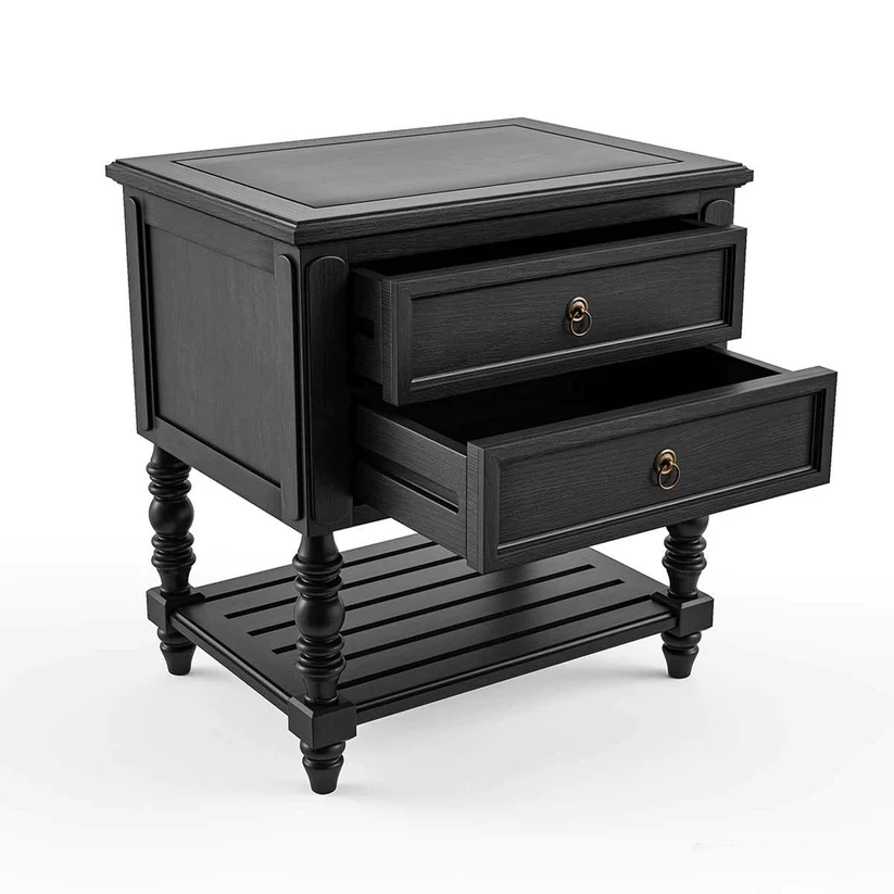 Vodrohome solid sheesham wood nightstand table with two drawers and a shelf - olympus bedside table in matt black 65x48x70 Cm  S#015 - vodrohome