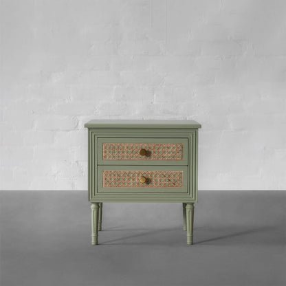 Vodrohome solid wood rattan night stand table sage green - two drawers bed side table night stand 48x41x51 cm  S#034 - vodrohome