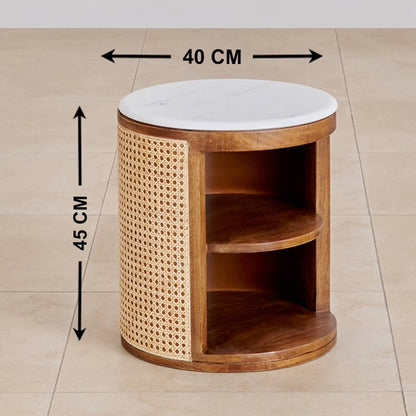 Vodrohome solid wood rattan side table with marble top – cane bedsite with open shelf – rattan cane round end table  40x40x45 cm S#036 - vodrohome