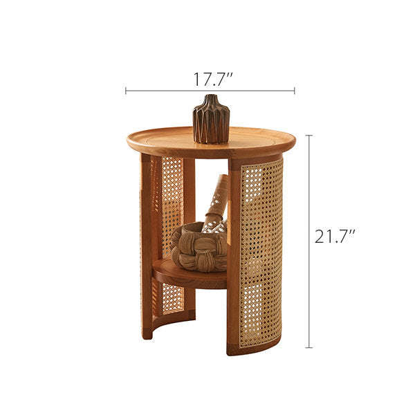 Vodrohome Rattan Coffee side table with shelf for storage – bohemian solid Mango wood side table office and living room S#045