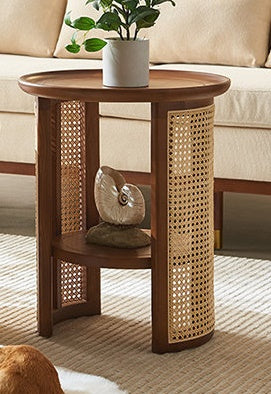 Vodrohome Rattan Coffee side table with shelf for storage – bohemian solid Mango wood side table office and living room S#045