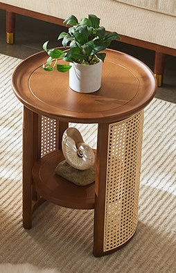 Vodrohome Rattan Coffee side table with shelf for storage – bohemian solid Mango wood side table office and living room S#045