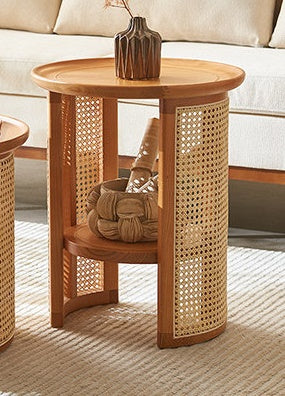 Vodrohome Rattan Coffee side table with shelf for storage – bohemian solid Mango wood side table office and living room S#045