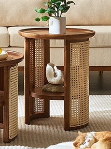 Vodrohome Rattan Coffee side table with shelf for storage – bohemian solid Mango wood side table office and living room S#045