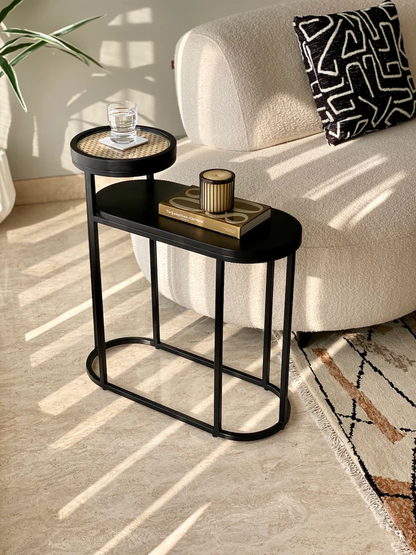 Vodrohome charcoal rattan cane side table with glass top and shelf – bohemian solid mango wood cane iron sofa side end two tier table office and living room S#046