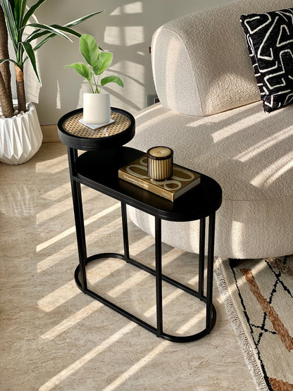 Vodrohome charcoal rattan cane side table with glass top and shelf – bohemian solid mango wood cane iron sofa side end two tier table office and living room S#046