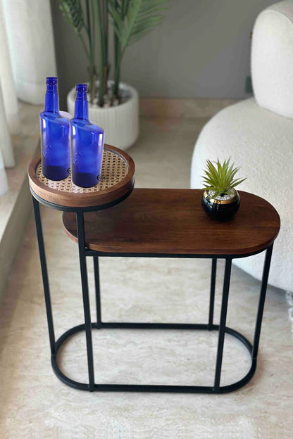 Vodrohome charcoal rattan cane side table with glass top and shelf – bohemian solid mango wood cane iron sofa side end two tier table office and living room S#046