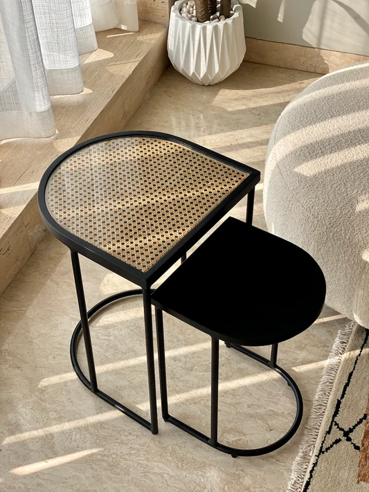 Vodrohome charcoal rattan cane side table with glass top – bohemian solid mango wood cane iron sofa side end table – wood and cane nesting table S#047