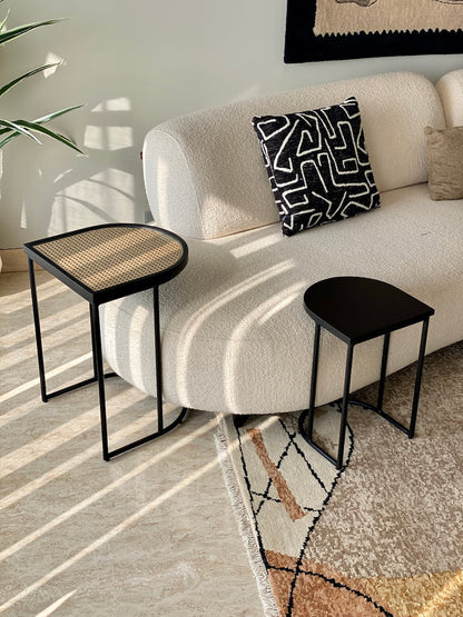 Vodrohome charcoal rattan cane side table with glass top – bohemian solid mango wood cane iron sofa side end table – wood and cane nesting table S#047