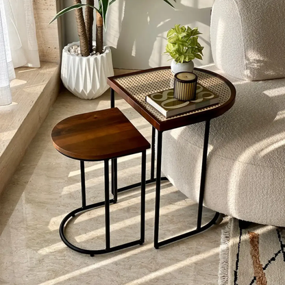 Vodrohome charcoal rattan cane side table with glass top – bohemian solid mango wood cane iron sofa side end table – wood and cane nesting table S#047