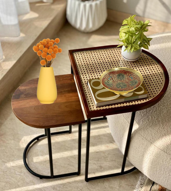 Vodrohome charcoal rattan cane side table with glass top – bohemian solid mango wood cane iron sofa side end table – wood and cane nesting table S#047